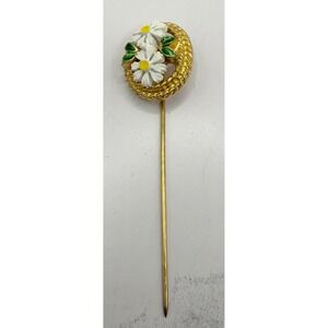 Vintage Style Gold Tone Enamel Daisy Stick Pin 2.25"